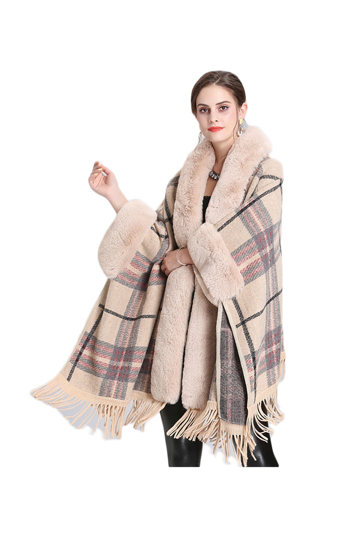 Fur Collar Check Hooded Cape S0140