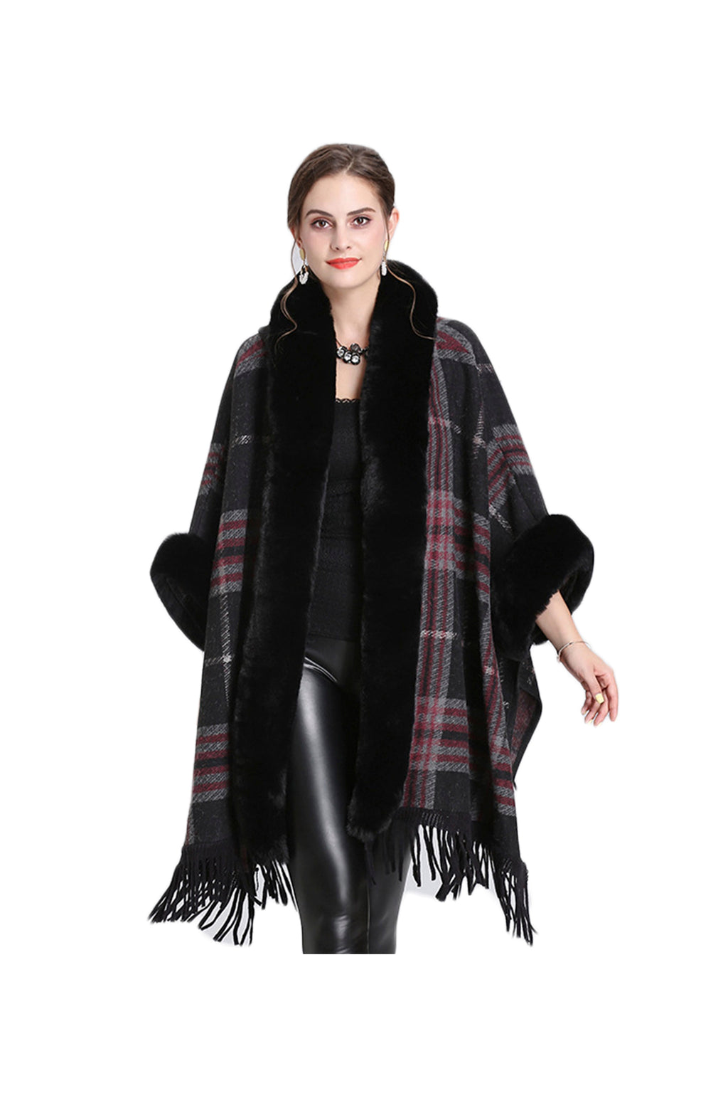 Fur Collar Check Hooded Cape S0140