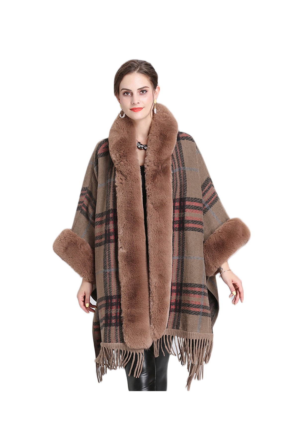 Fur Collar Check Hooded Cape S0140