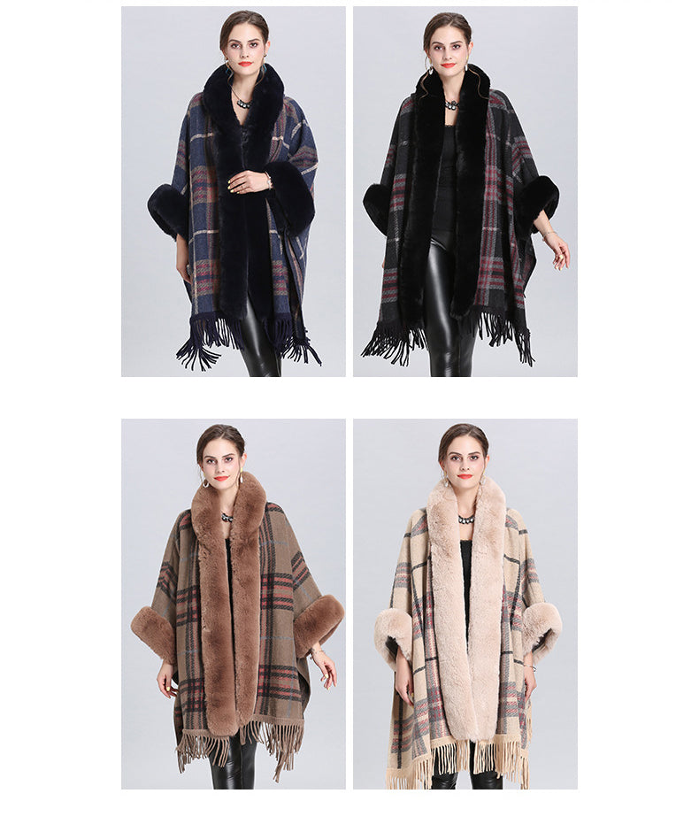 Fur Collar Check Hooded Cape S0140