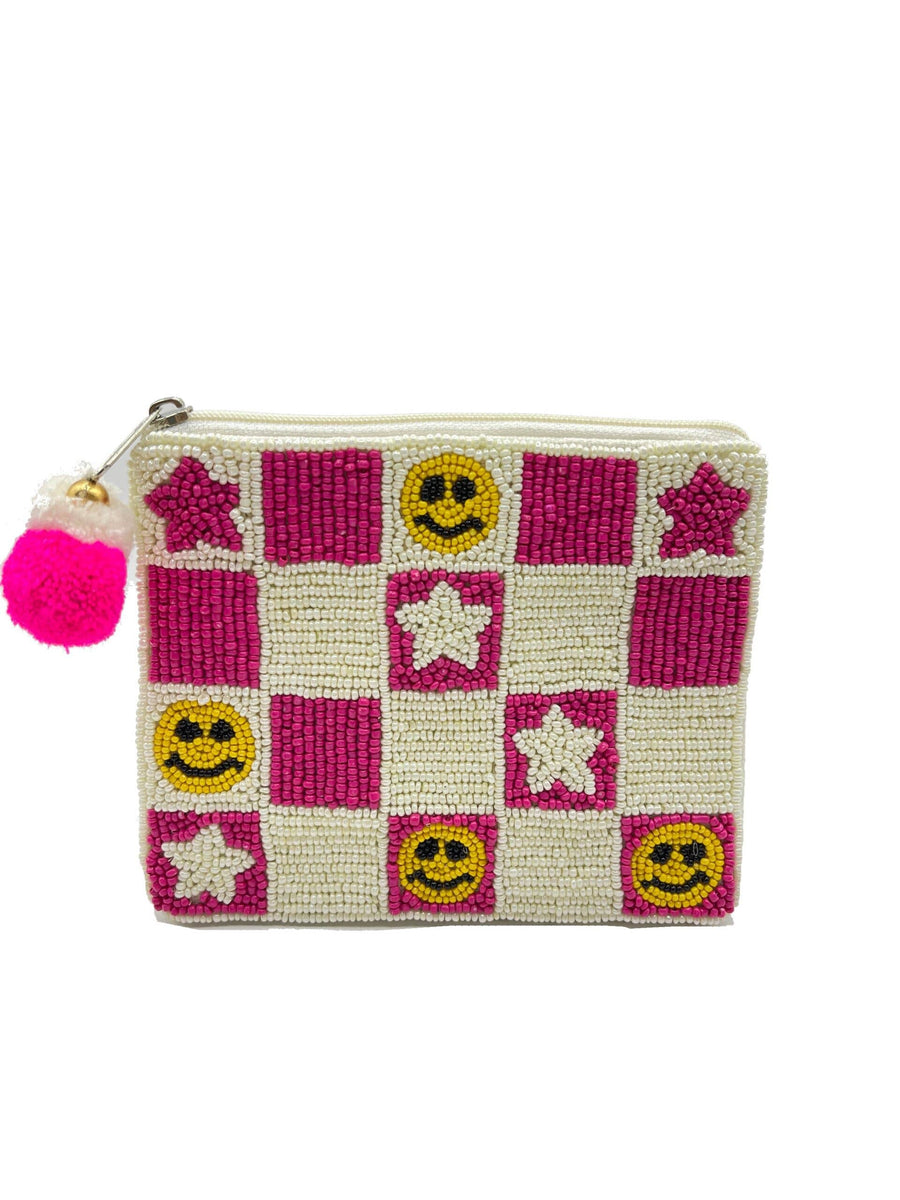 Checkered Smiley And Stars Beaded Pouch LAC-CP-1200